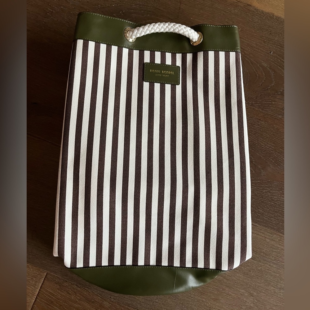 Henri Bendel Brown and Green Striped Canvas Backpack Rope Side Zip NWOT Bag